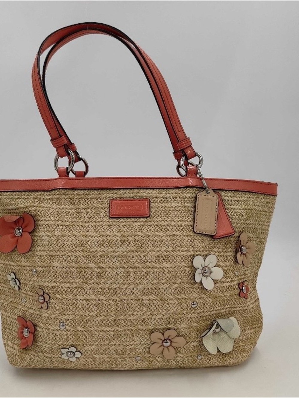 Coach Straw Tote with Coral Trim and Floral Appliqués